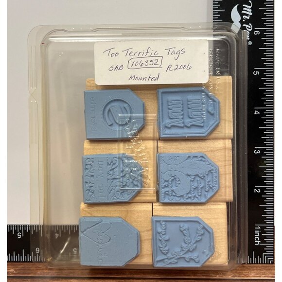 106352 RETIRED Stampin Up Too Terrific Tags Wood Mount Rubber Stamp Set - Picture 3 of 4